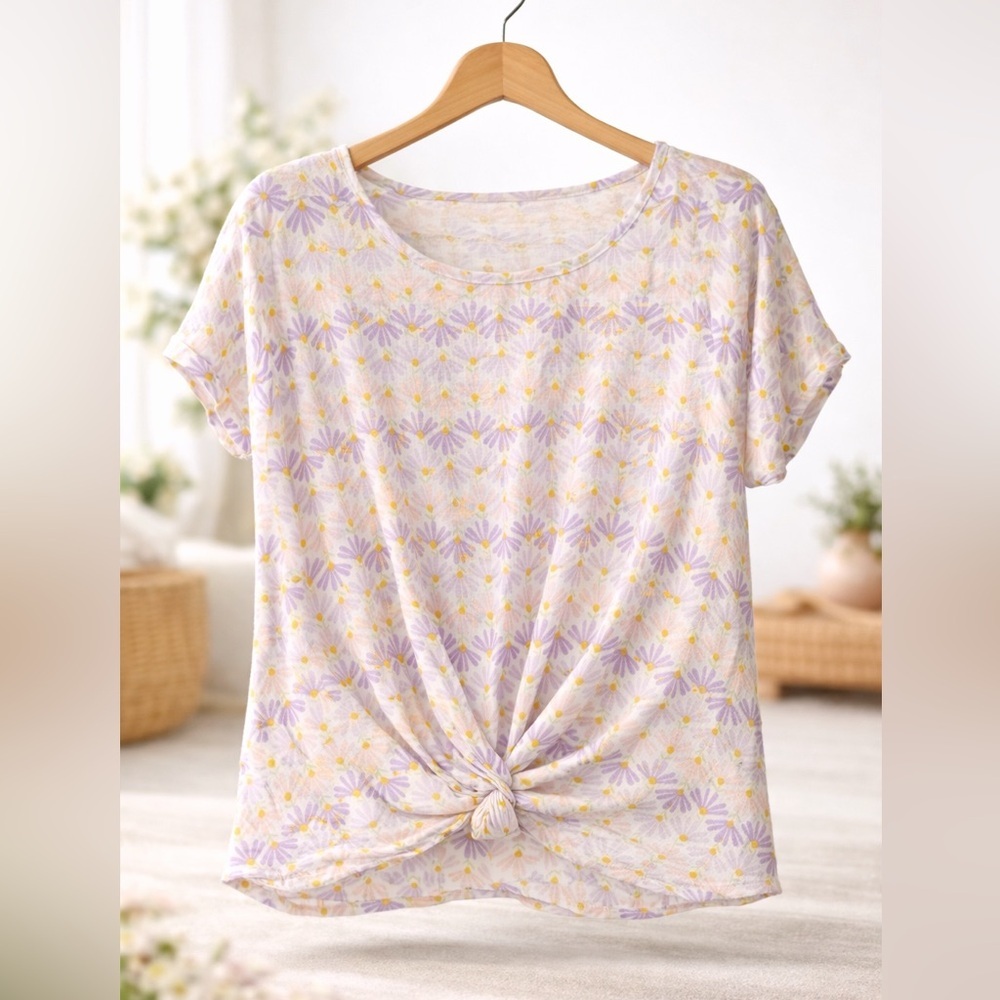 Pink Rose Purple and Yellow Floral Knot-Front Tee